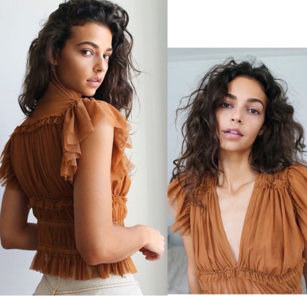 Free People Rustic Caramel Ruffled V-Neck Top - Picture 3 of 11